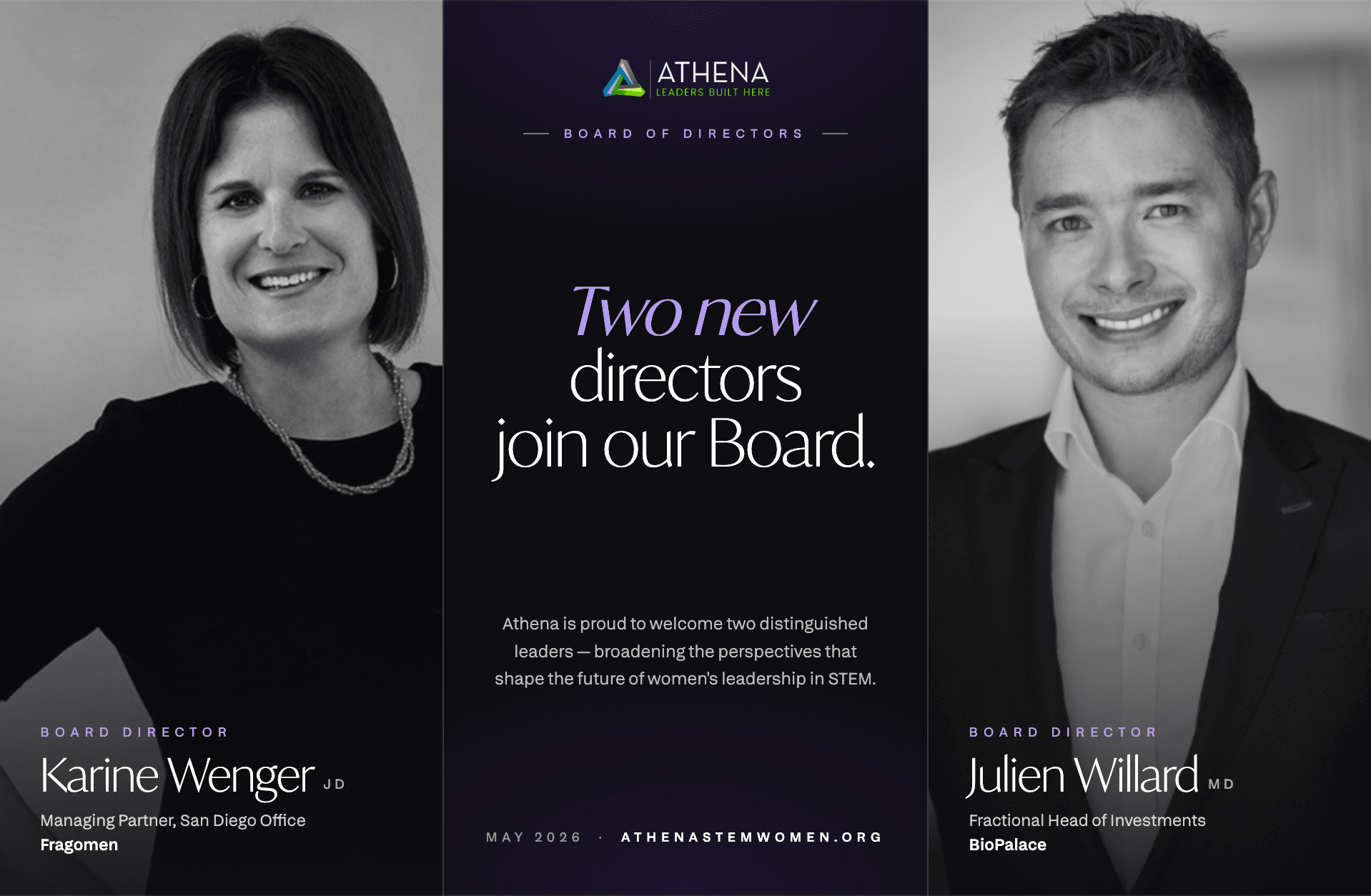 Athena Board of Directors welcomes Karine Wenger and Dr. Julien Willard